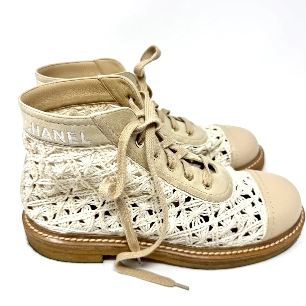 Chanel Crochet Lace-Up Combat Ankle Boots - Ivory/Cream